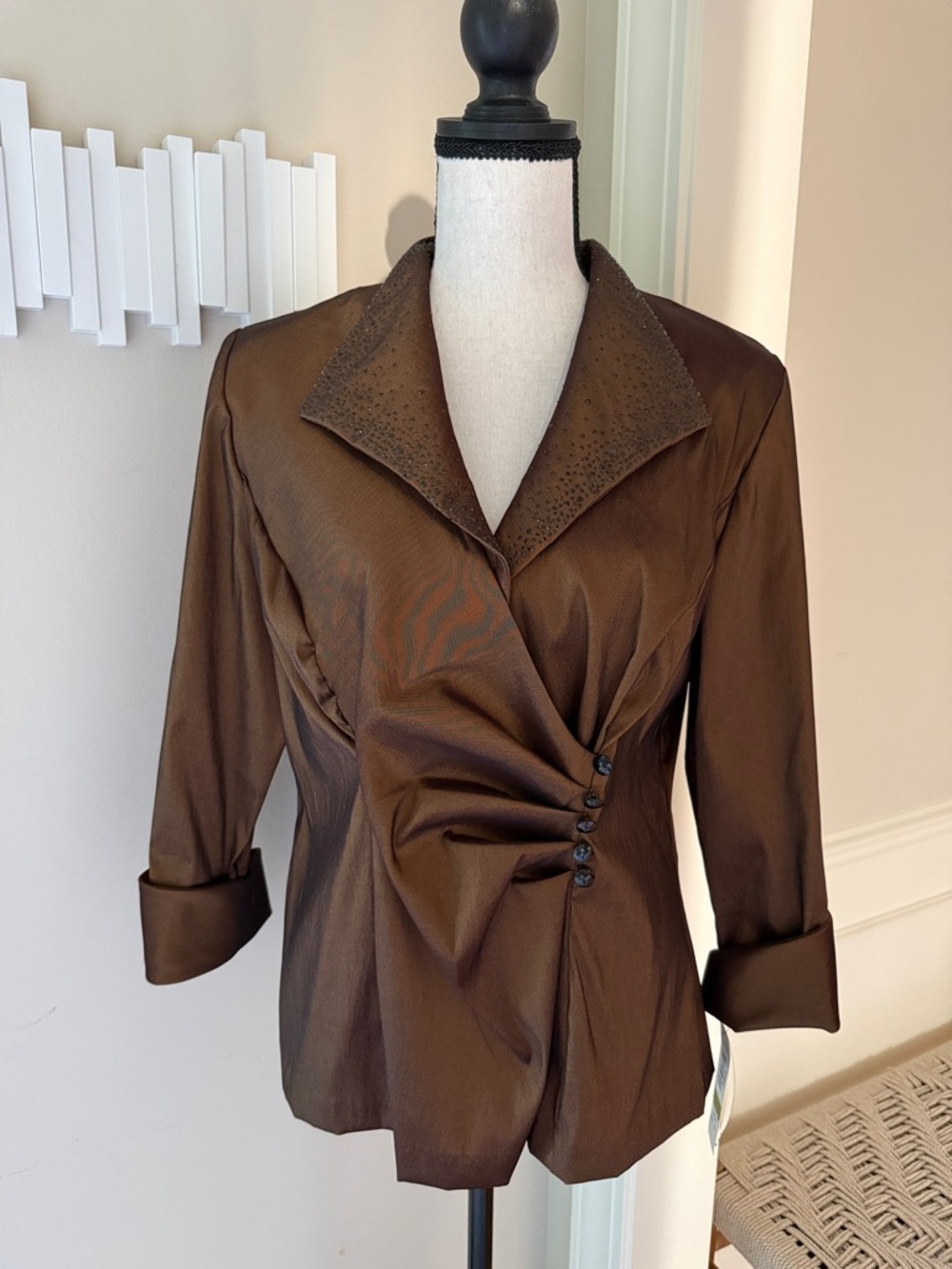 R&M Richards Iridescent Brown Faux Wrap Jacket Blazer NWT Size 14 Stretch USA